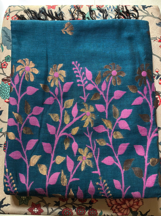 Teal Blue Handwoven Soft Cotton Saree with Pink Paithani Motifs